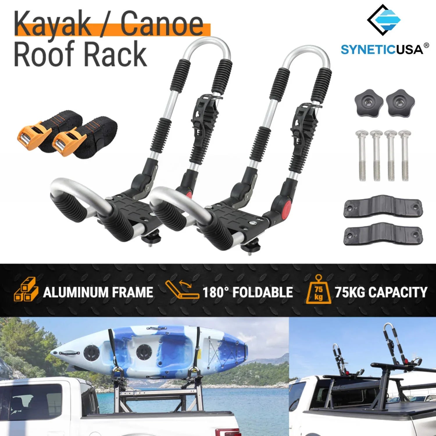 Kayak and canoe roof rack system with SYNETICUSA branding, showing features and usage on a vehicle.