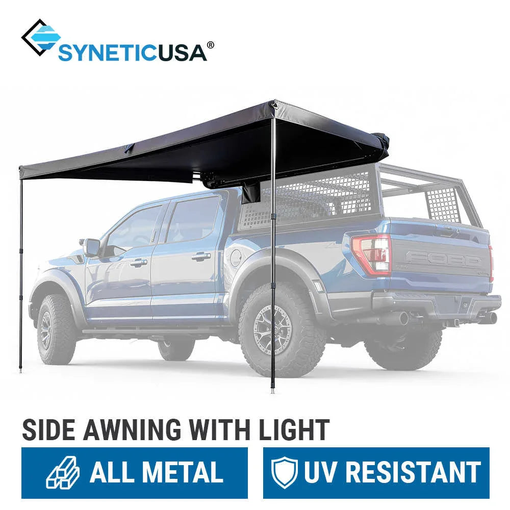 Side awning with light on a truck, featuring SyneticUSA branding.