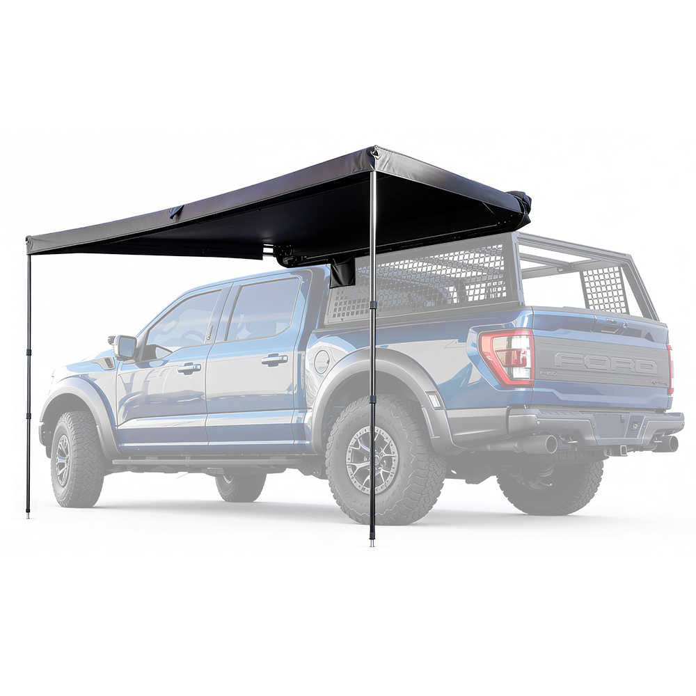 Black truck bed side awning cover on a blue pickup truck with a white background