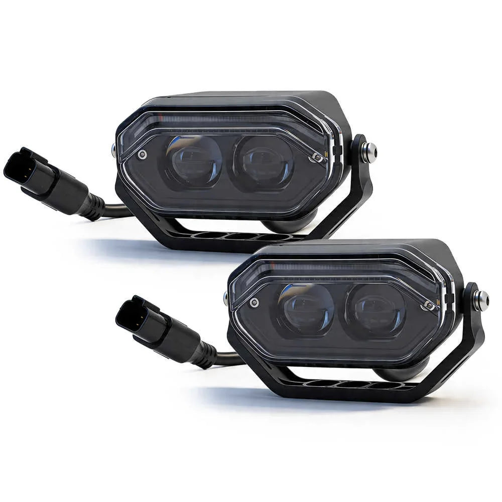 Two black LED spot lights on a white background