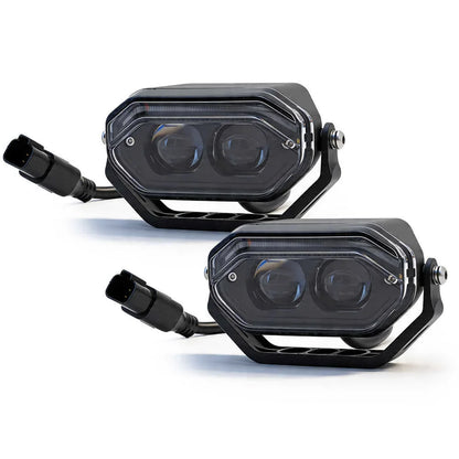 Two black LED spot lights on a white background