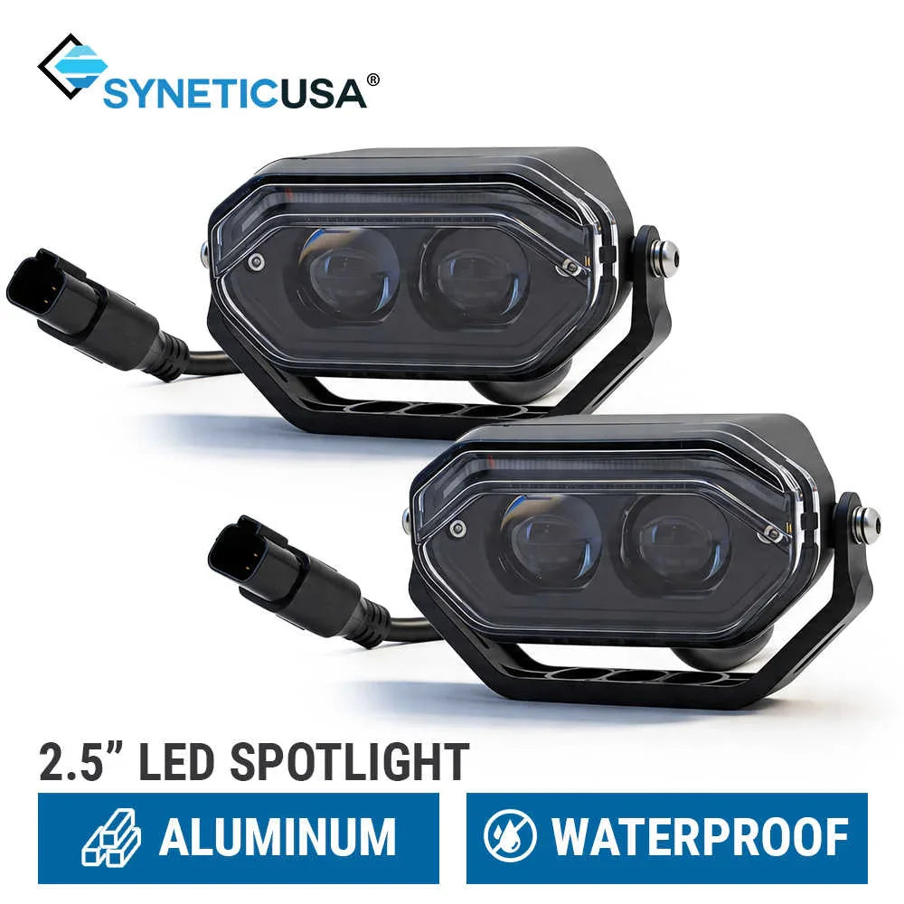 Two 2.5" LED spotlights with SYNETICUSA branding on a white background.
