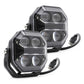 Two black LED off road driving lights with visible branding on a white background