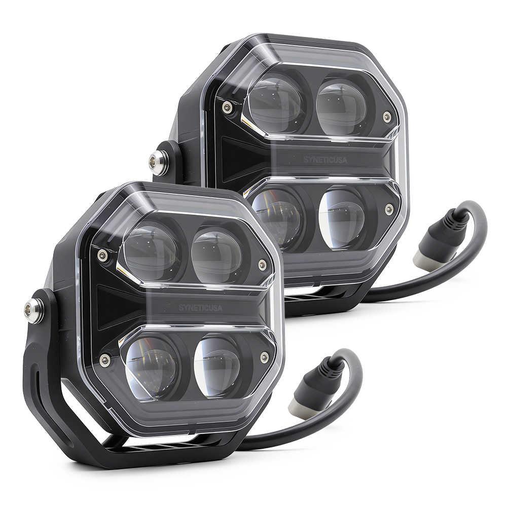 Two black LED off road driving lights with visible branding on a white background