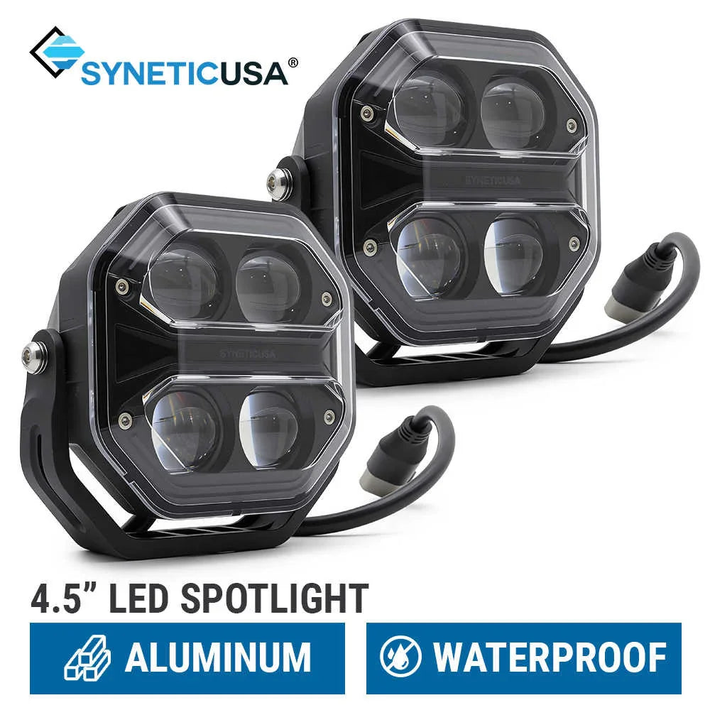 Two 4.5" LED spotlights with SyneticUSA branding on a white background.