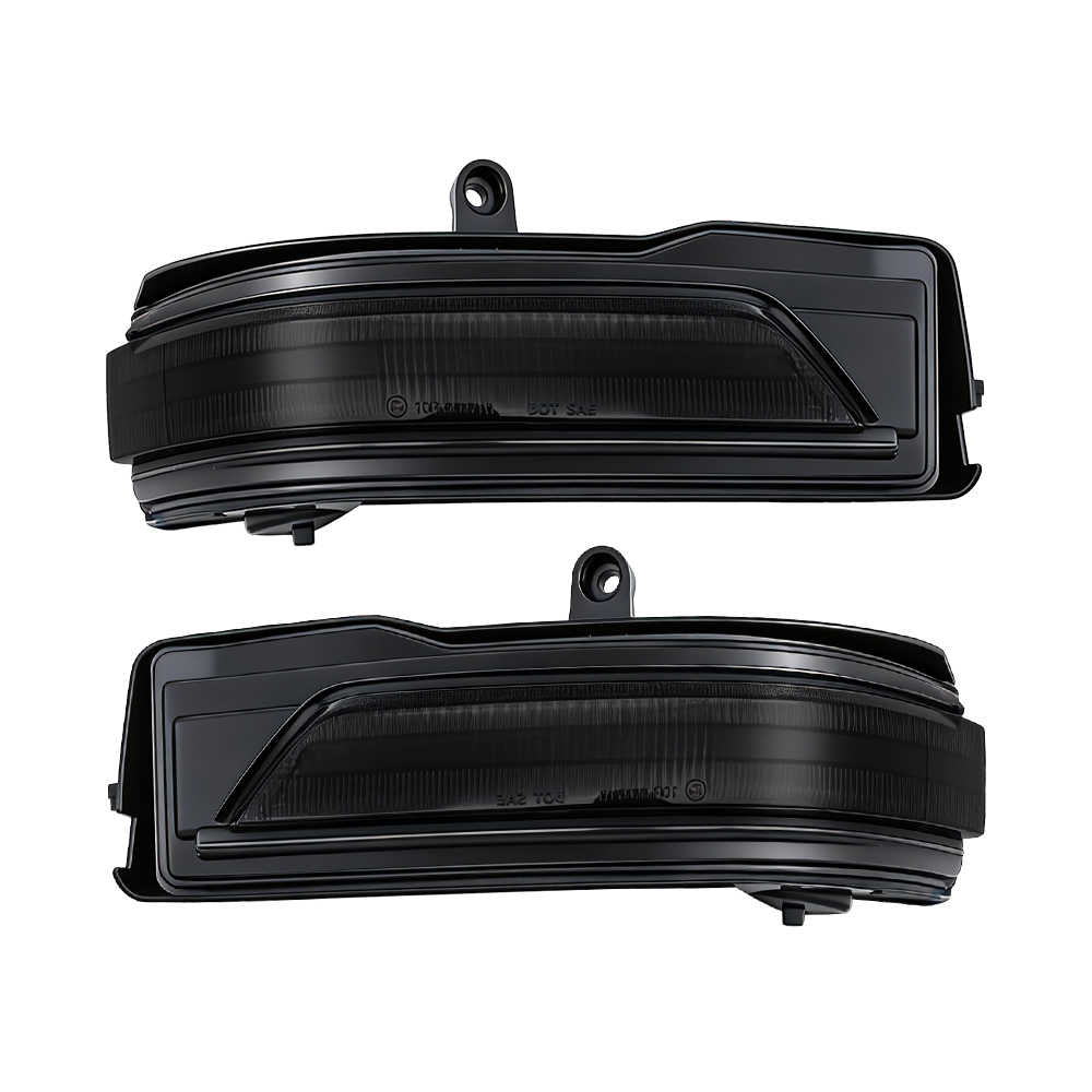 Two black car side mirror blinkers on a white background