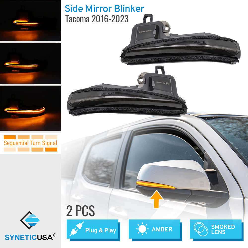 Car side mirror blinker kit for Tacoma 2016-2023 with sequential turn signal feature, featuring SYNETIC USA branding.