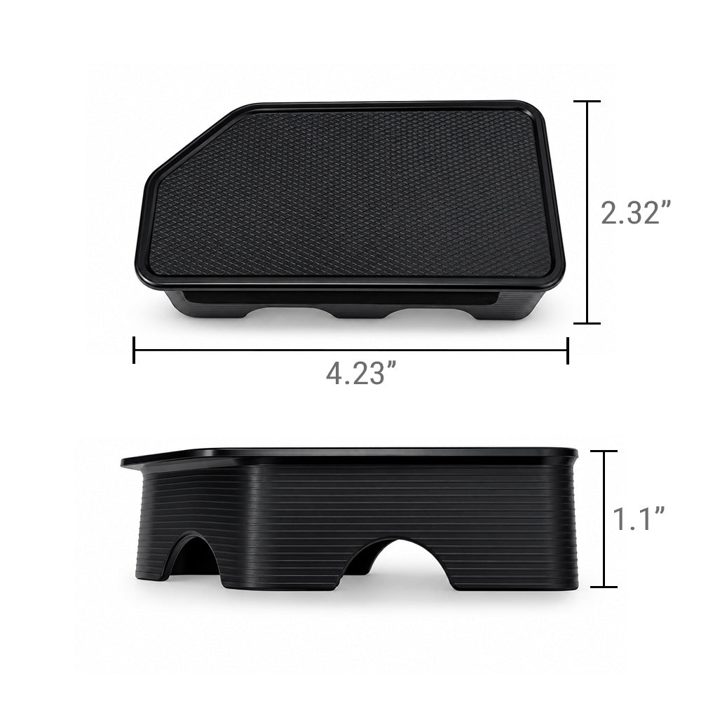 Black rectangular textured tray shown from two angles with dimension labels: 4.23 inches wide, 2.