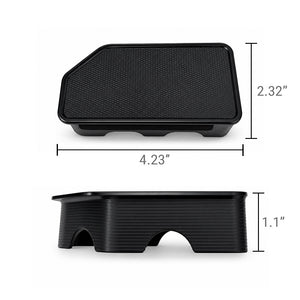 Black rectangular textured tray shown from two angles with dimension labels: 4.23 inches wide, 2.