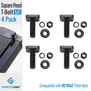 4-pack of square head T-bolts with washers and a Retrax T-slot rail compatibility label on a white background.