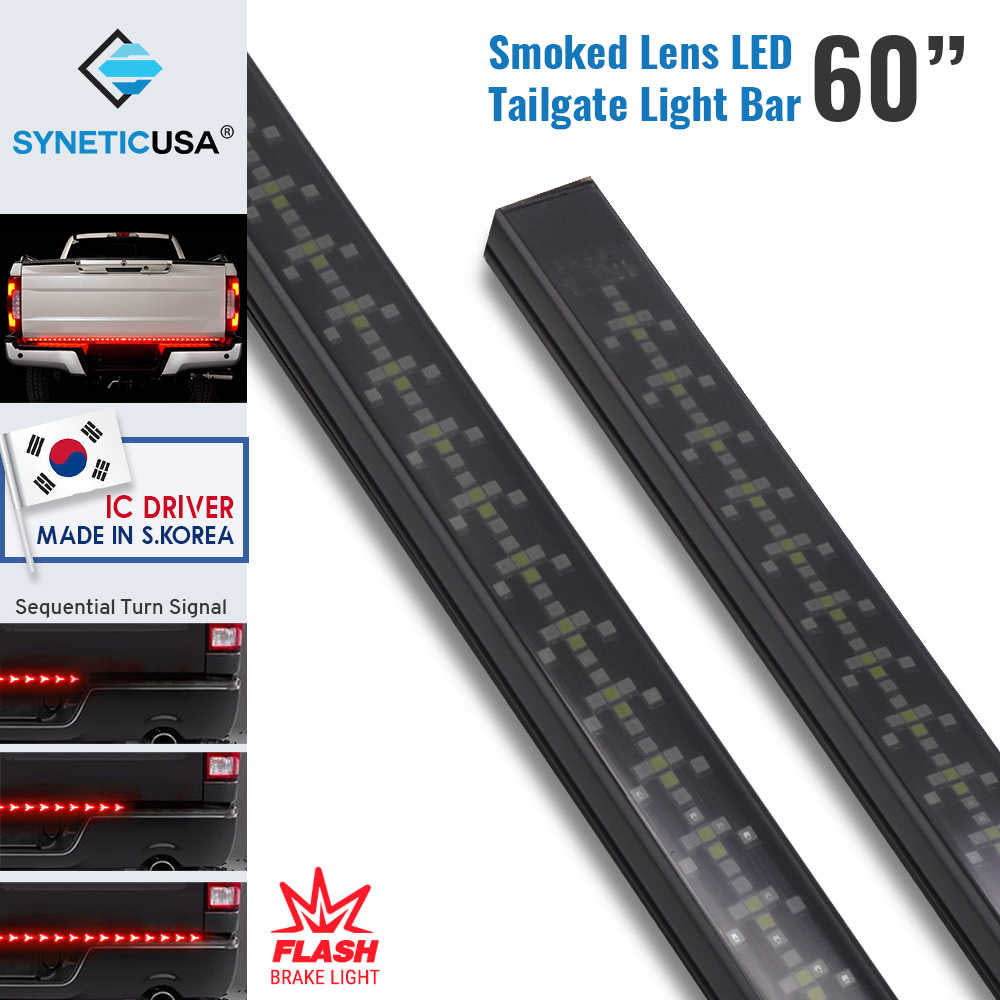 SYNETICUSA smoked lens LED tailgate light bar with features highlighted on a white background