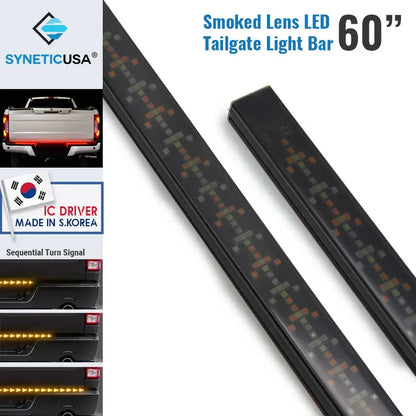 SYNETICUSA smoked lens LED tailgate light bar with sequential turn signal feature on a white background.