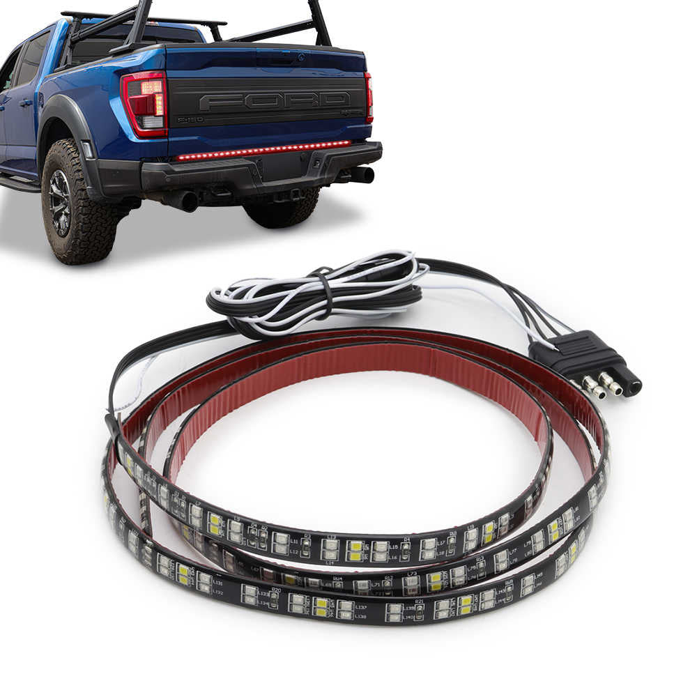 LED strip light with connectors on a white background, shown with a blue truck.