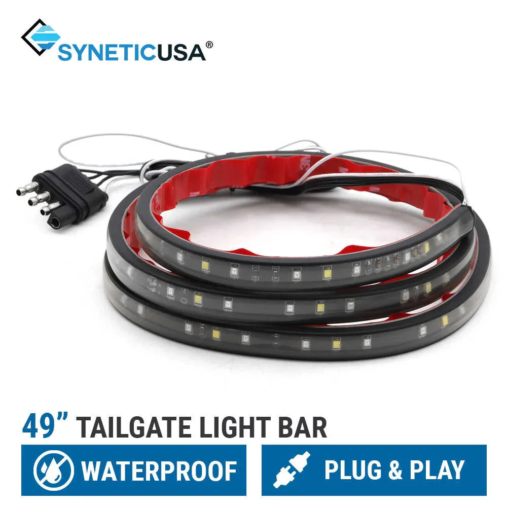 SyneticUSA tailgate light bar with waterproof and plug & play features on a white background