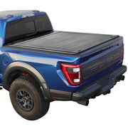 Blue F-150 raptor truck with an enhanced MB retractable tonneau cover on a white background