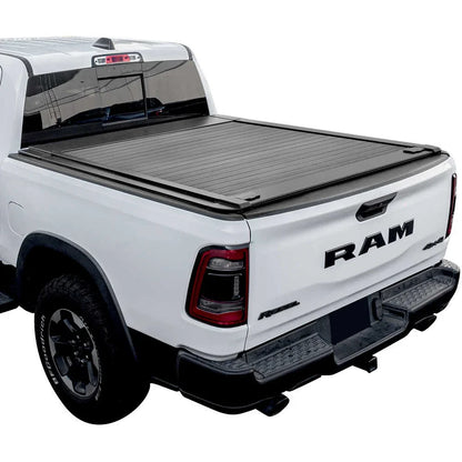 White Ram truck with a black enhanced Enhanced MB tonneau cover on a white background