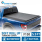 Blue truck with a soft roll up tonneau cover on a white background, featuring SyneticUSA branding.