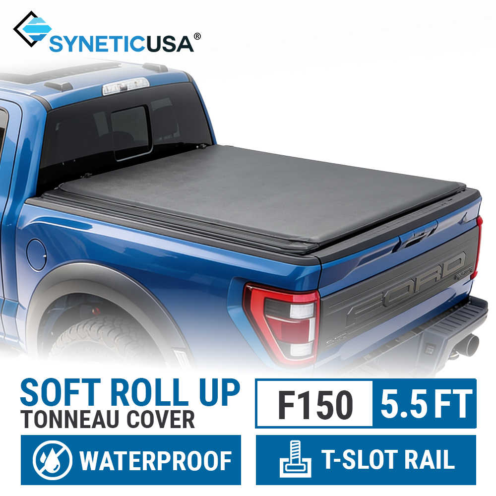 Blue truck with a soft roll up tonneau cover on a white background, featuring SyneticUSA branding.