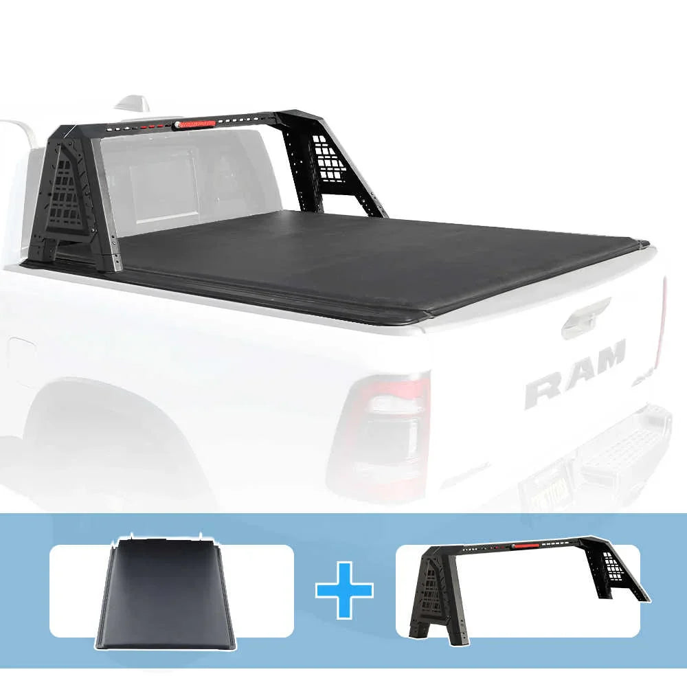 Black truck bed cover on a white Ram truck with additional components displayed below.
