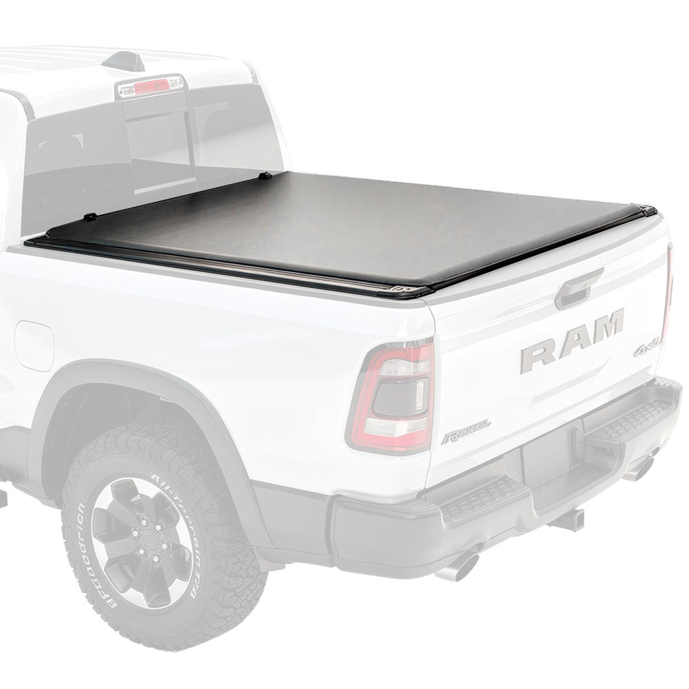 White Ram truck with a tonneau cover on a white background