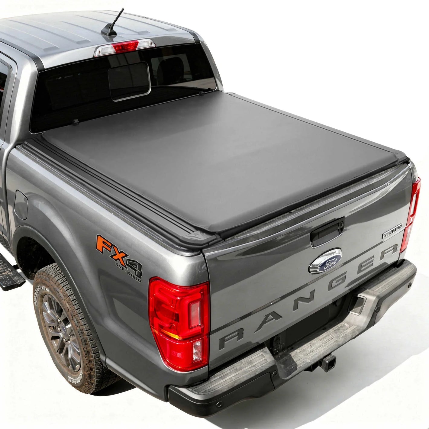 SYNETIC USA's soft roll up tonneau cove with t-rails installed Ford Ranger on white background