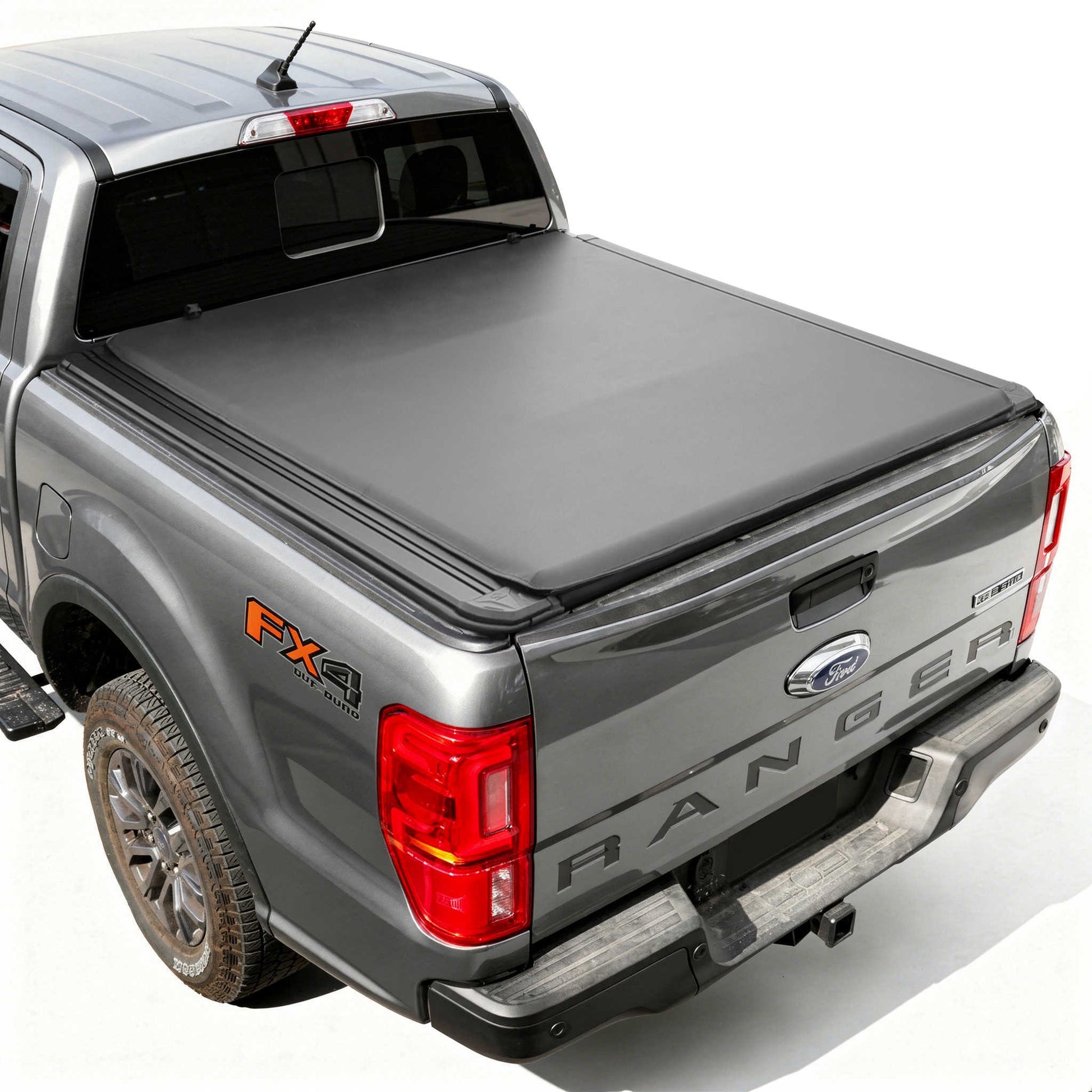 SYNETIC USA's soft roll up tonneau cove with t-rails installed Ford Ranger on white background