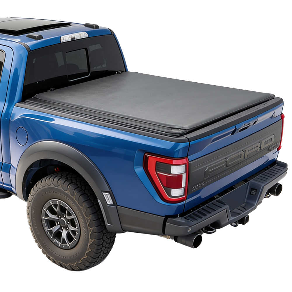 Blue Ford truck with soft roll-up tonneau cover on a white background