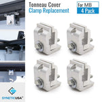 Four tonneau cover clamp replacement parts for MB retractable tonneau cover by SYNETICUSA on a white background.