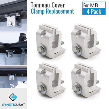 Four tonneau cover clamp replacement parts for MB retractable tonneau cover by SYNETICUSA on a white background.