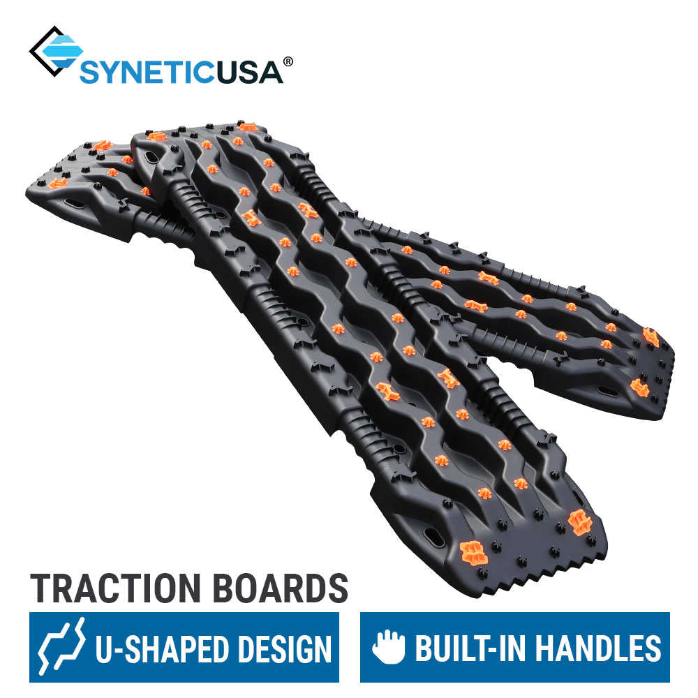 Traction boards with U-shaped design and built-in handles on a white background, featuring the Synetic USA brand.