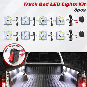 8 Pcs of LED Pickup Truck Bed Light Kit Under-Glow Panel, 6000K White, w/ Switch Harness