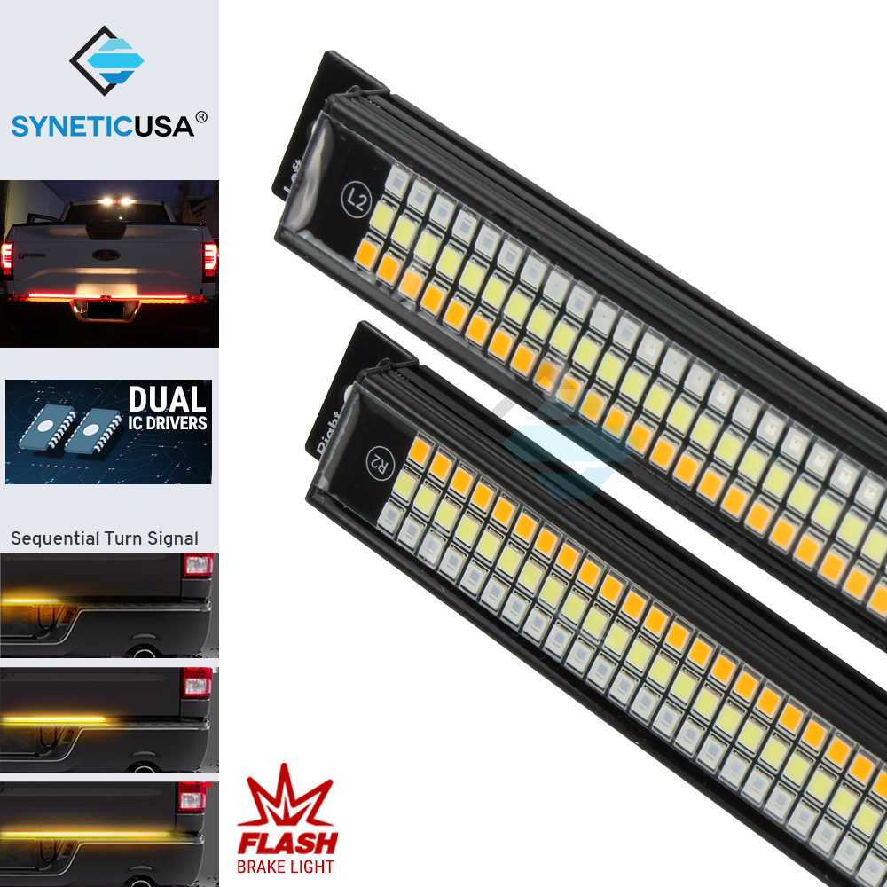 Two sequential turn signal lights with Synetic USA branding and features highlighted.