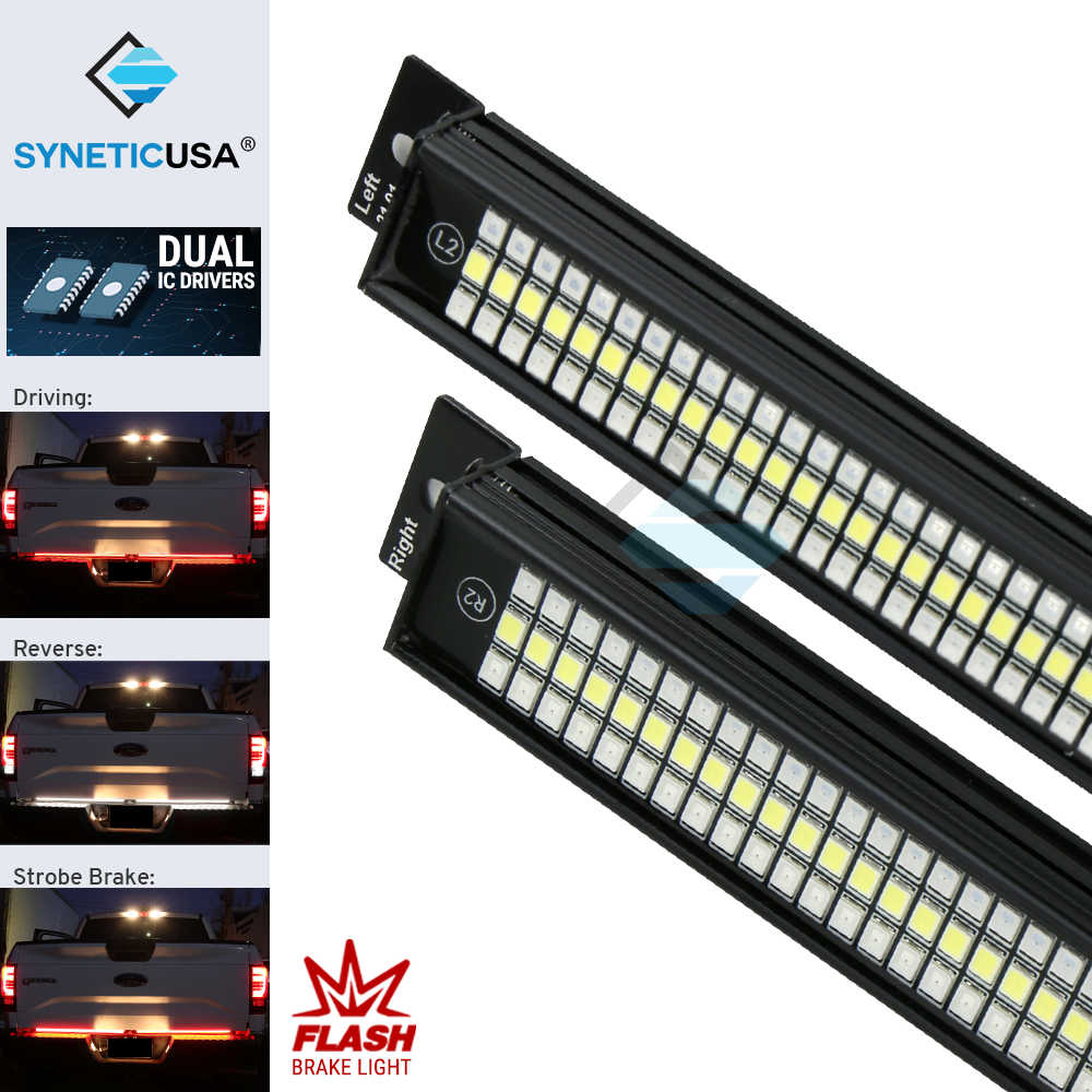SYNETIC USA LED light bar with dual IC drivers and various light modes on a white background.