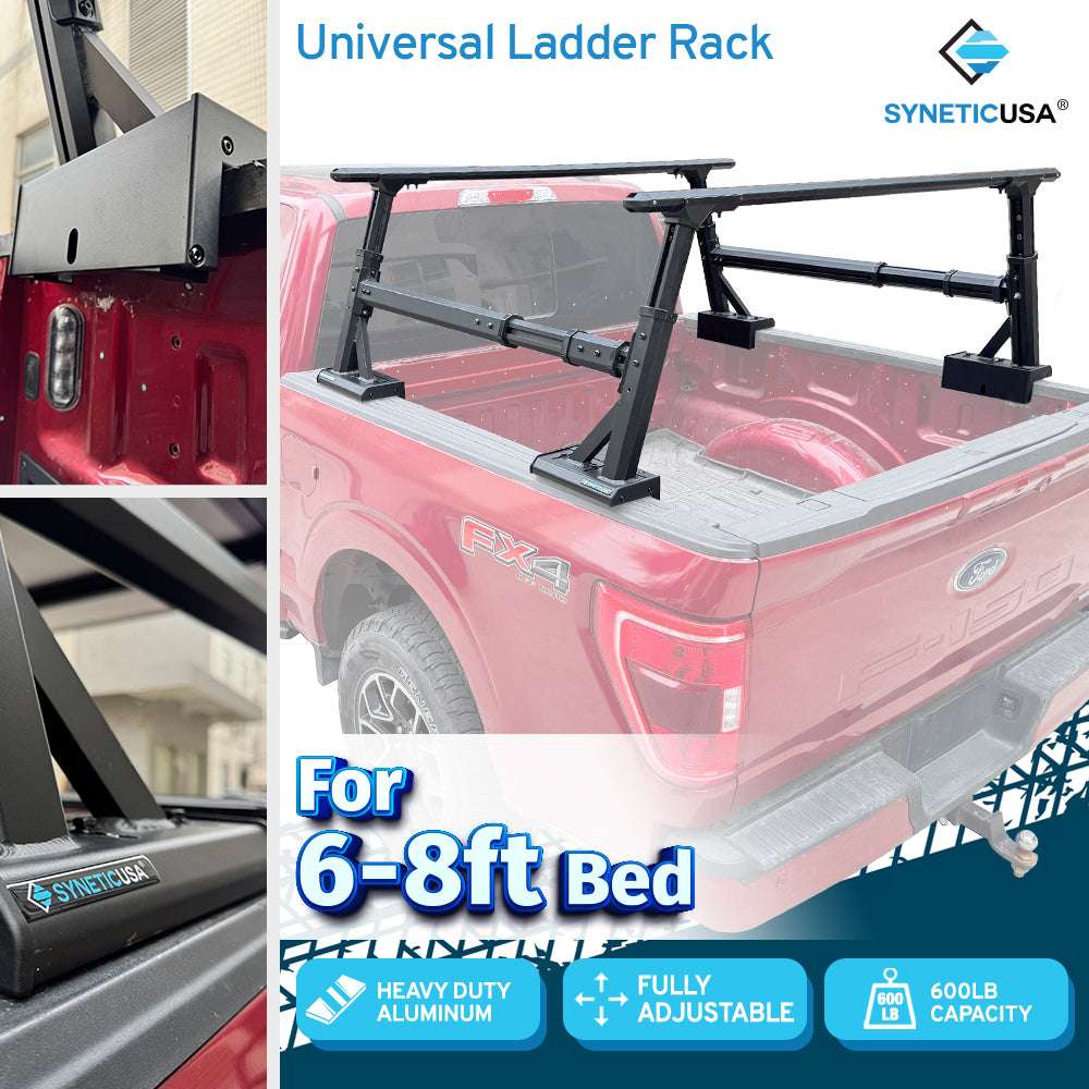 SYNETICUSA® Universal Aluminum Adjustable Truck Bed Ladder Rack