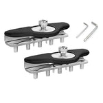 Two guitar bridge saddles with screws and a hex key on a white background
