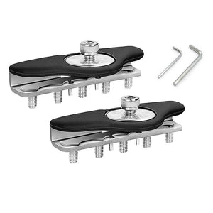 Two guitar bridge saddles with screws and a hex key on a white background