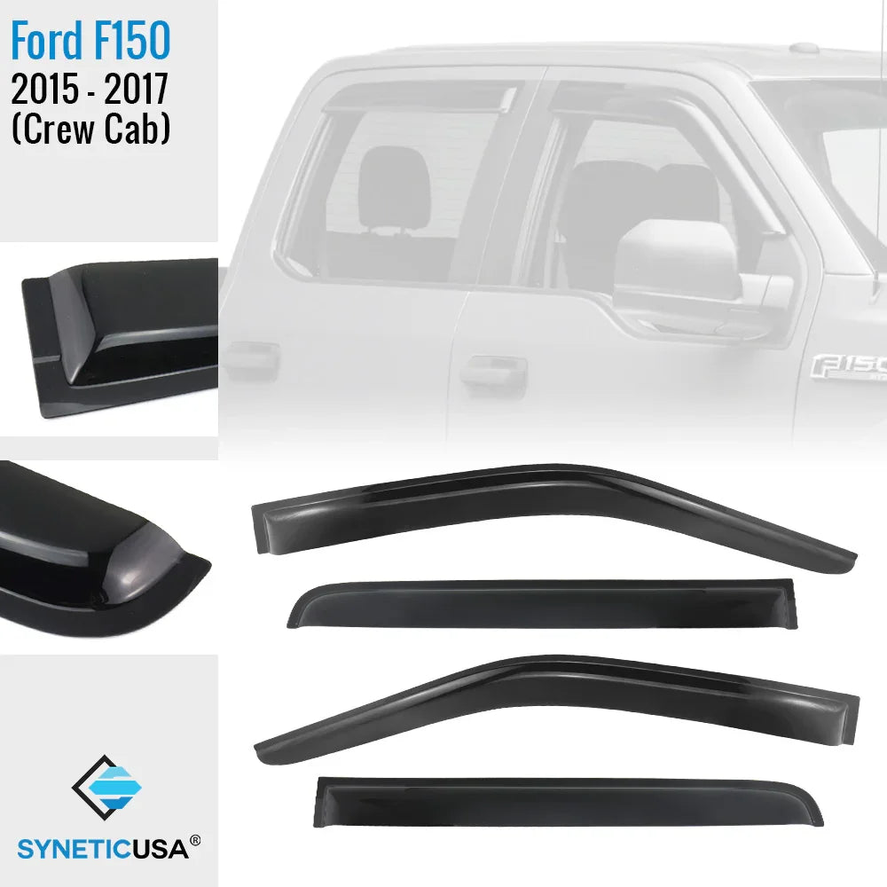 Window deflector set for Ford F150 2015-2017 Crew Cab by Synetic USA on a white background.