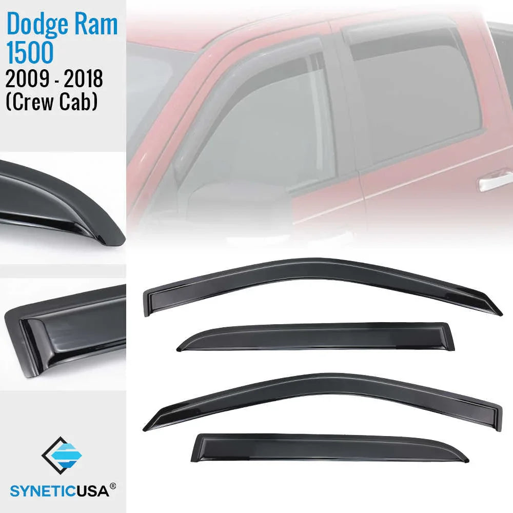 Window deflector set for Dodge Ram 1500 Crew Cab 2009-2018 with Synetic USA branding.