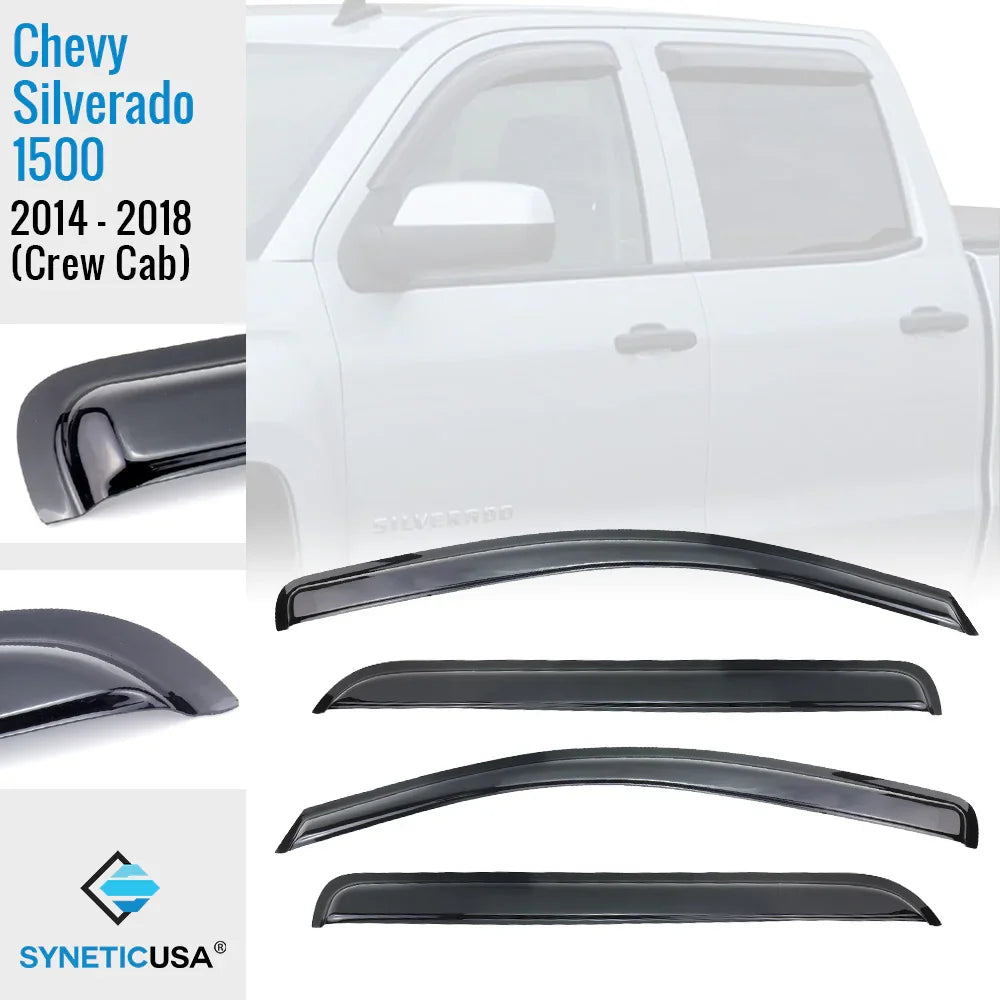 Synetic USA window deflector set for Chevy Silverado 1500 Crew Cab 2014-2018 on a white background