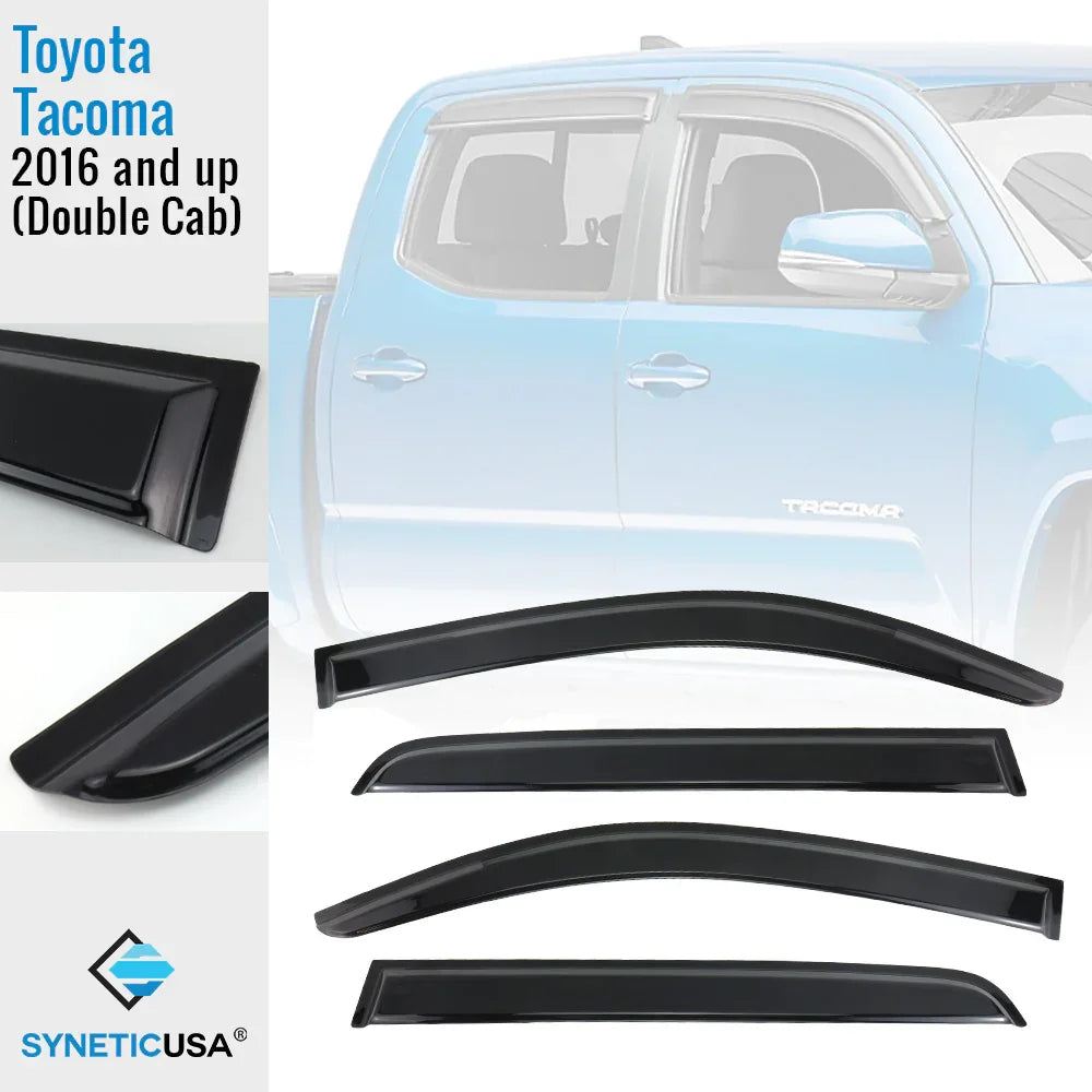Toyota Tacoma 2016 and up Double Cab window deflector set with Synetic USA logo.