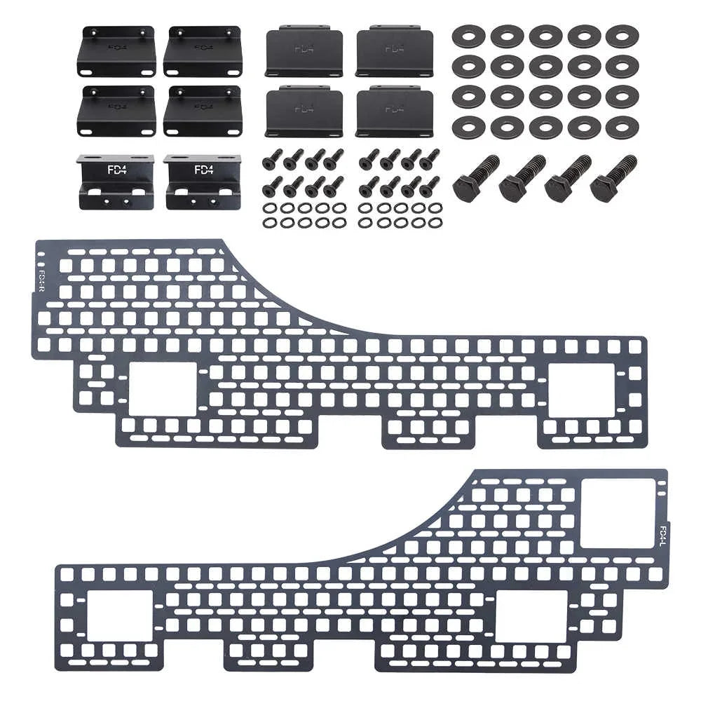 bedside molle panel parts including screws, adaptors, and mounting hardware on a white background