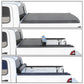 Collapsible soft roll-up truck bed cover shown in three stages of deployment on a white truck.