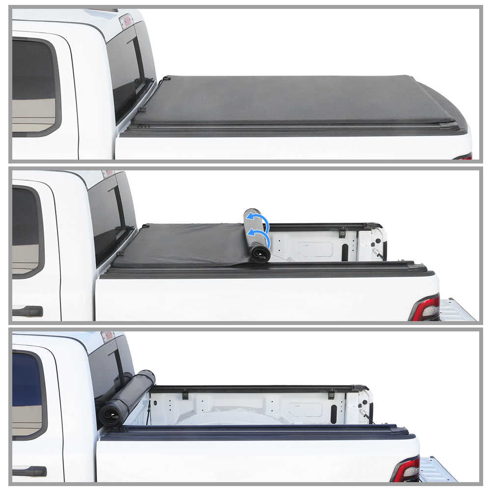 Collapsible soft roll-up truck bed cover shown in three stages of deployment on a white truck.
