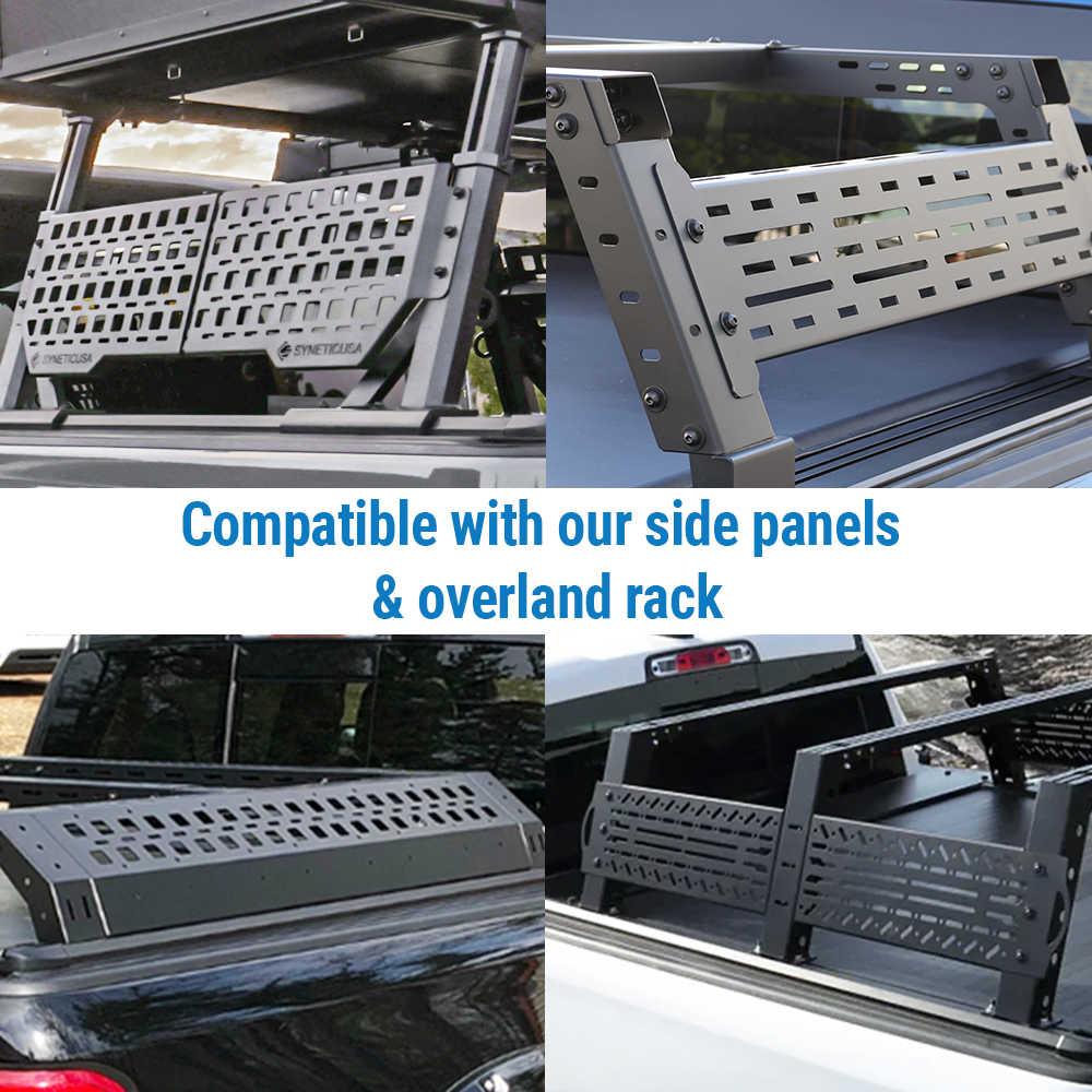 Collage of a vehicle roof rack system with text indicating compatibility with side panels and overland rack.