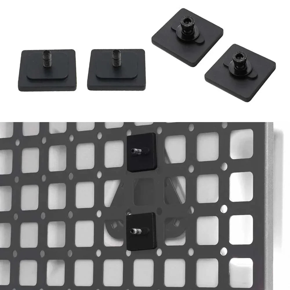 Black square mounting brackets on a white background