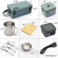 A 3x3 grid showing a camping kitchen set with dimensions labeled for each item: a blue insulated bag, a small metal cup, a bamboo cutting board, a black hot plate, a utensil set, a small metal bowl, and a power cord. Overall text at the bottom reads 'Total length: 37"'.