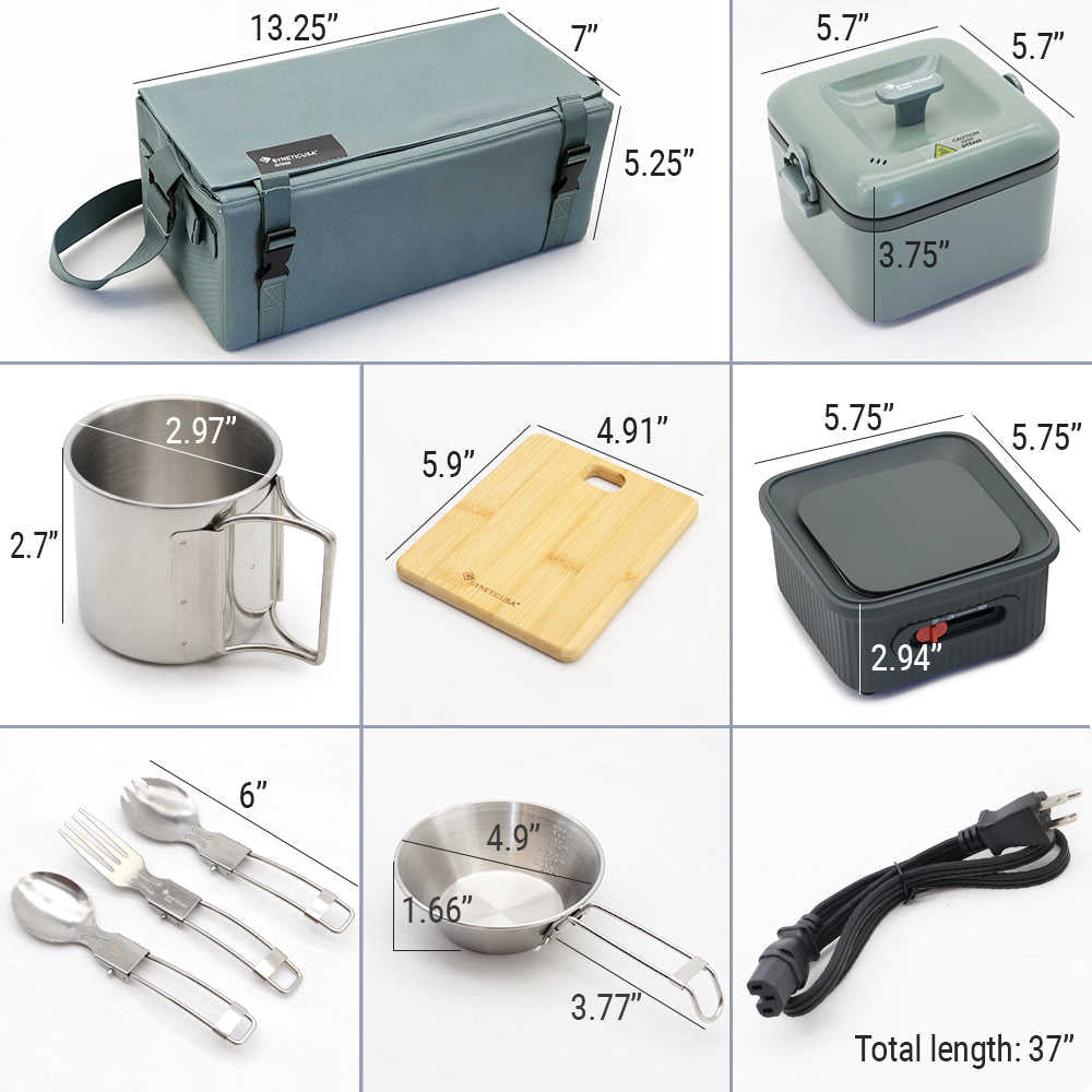 A 3x3 grid showing a camping kitchen set with dimensions labeled for each item: a blue insulated bag, a small metal cup, a bamboo cutting board, a black hot plate, a utensil set, a small metal bowl, and a power cord. Overall text at the bottom reads 'Total length: 37"'.