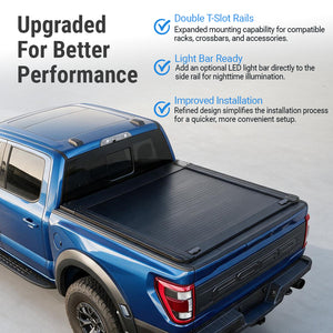A blue pickup truck with a black tonneau cover installed in the bed, shown on a light gray studio background with marketing text and bullet points about double T-Slot rails, light bar readiness, and improved installation.