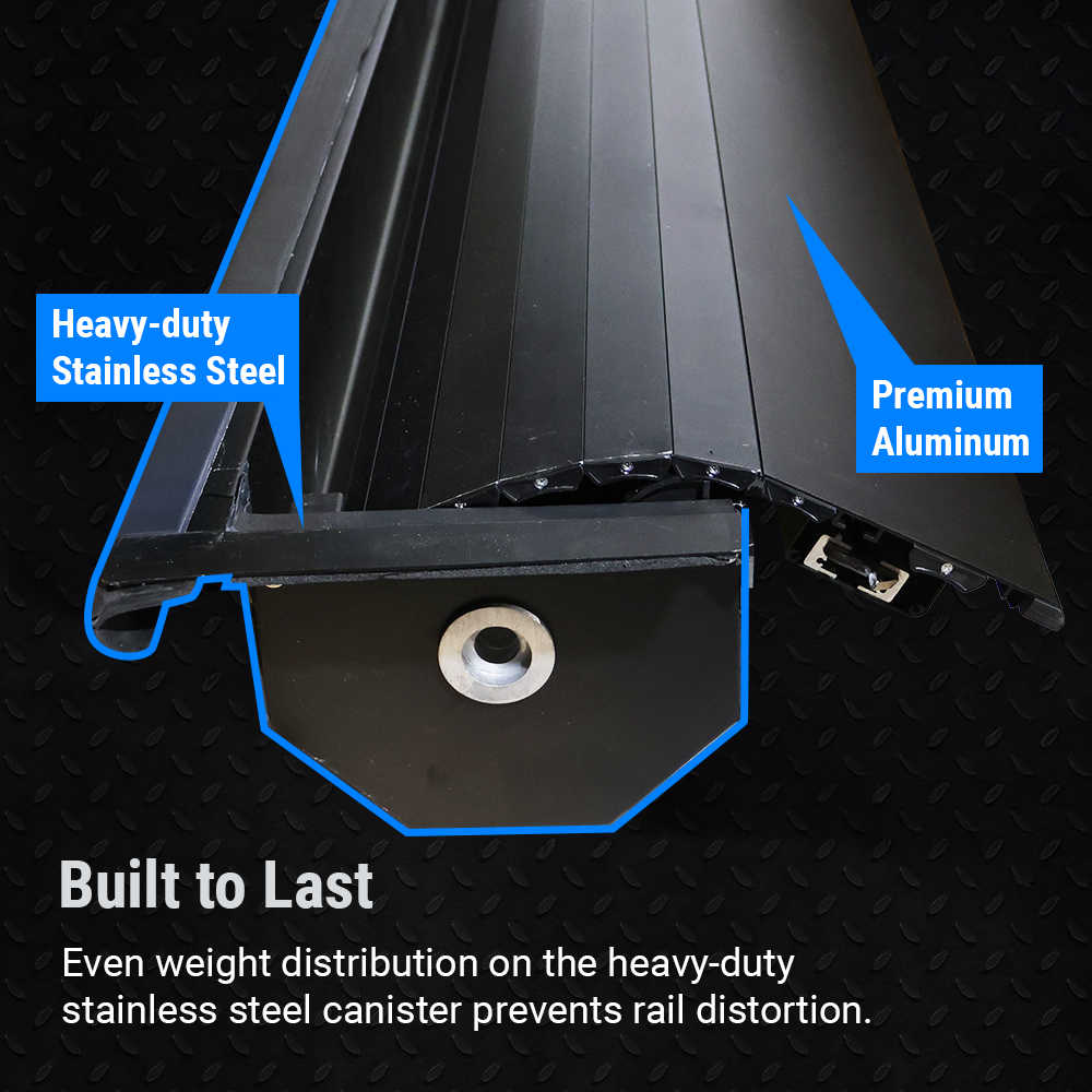 Close-up of a metal product with 'Heavy-duty Stainless Steel' and 'Premium Aluminum' labels on a black background.