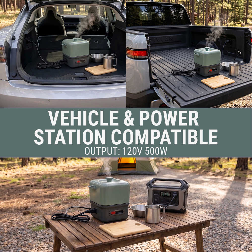 A three-panel collage showing a portable power station and a countertop steam generator in use: one in the open trunk of a vehicle, one in the bed of a pickup truck, and one set up on a wooden table outdoors at a campsite. Large text across the center reads 'VEHICLE & POWER STATION COMPATIBLE' and 'OUTPUT: 120V 500W'.